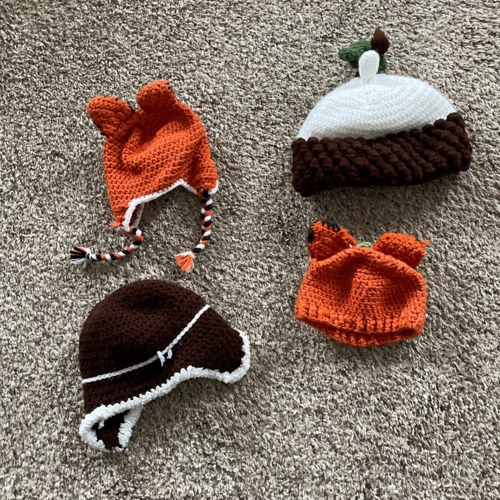 Lot of 4 Handmade Crochet Beanie Hats Knitted Cut Childrens Hat Hand Knitted